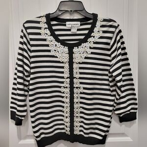 Cathy Daniels Black and White Striped Crewneck Sweater with Floral Sequin Trim